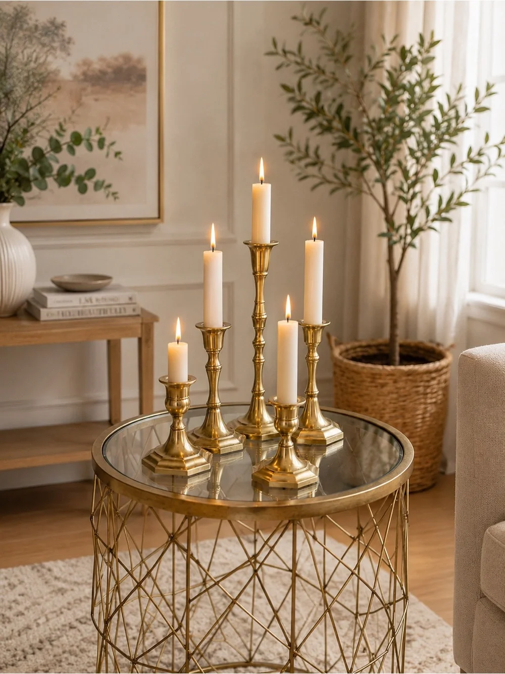 Brass Taper Candle Holder with Mirror Top - Gold